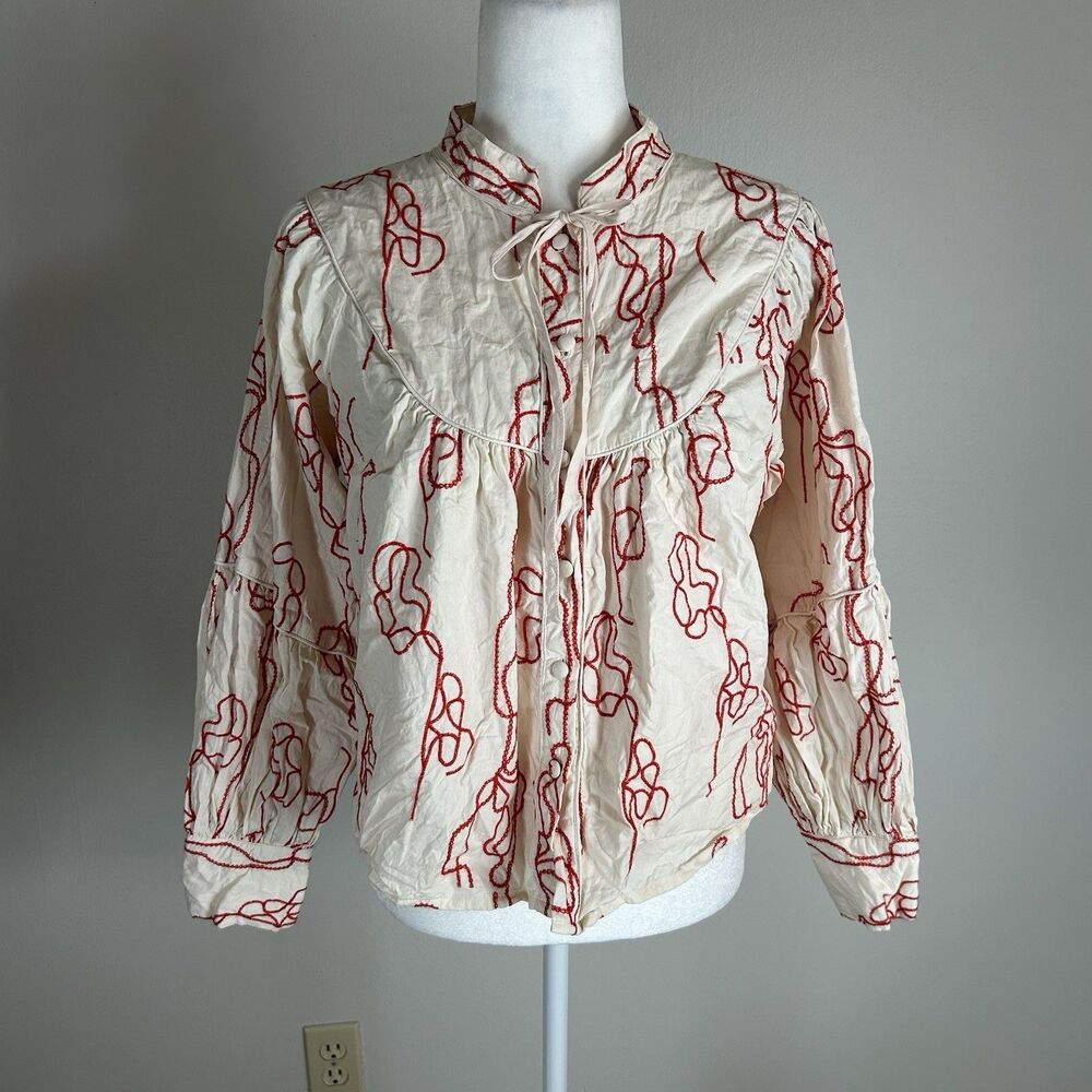 Ciebon M Anthropologie White Shirt Red Bow Embroidered Squiggle Long Sleeve Boho